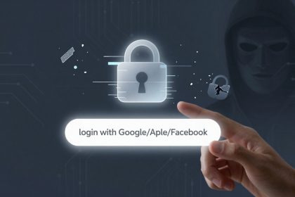 A hand points to a login option with text "login with Google/Apple/Facebook" on a dark background. A glowing lock icon is in the center, with a shadowy figure wearing a mask in the background. The image suggests cybersecurity concerns.