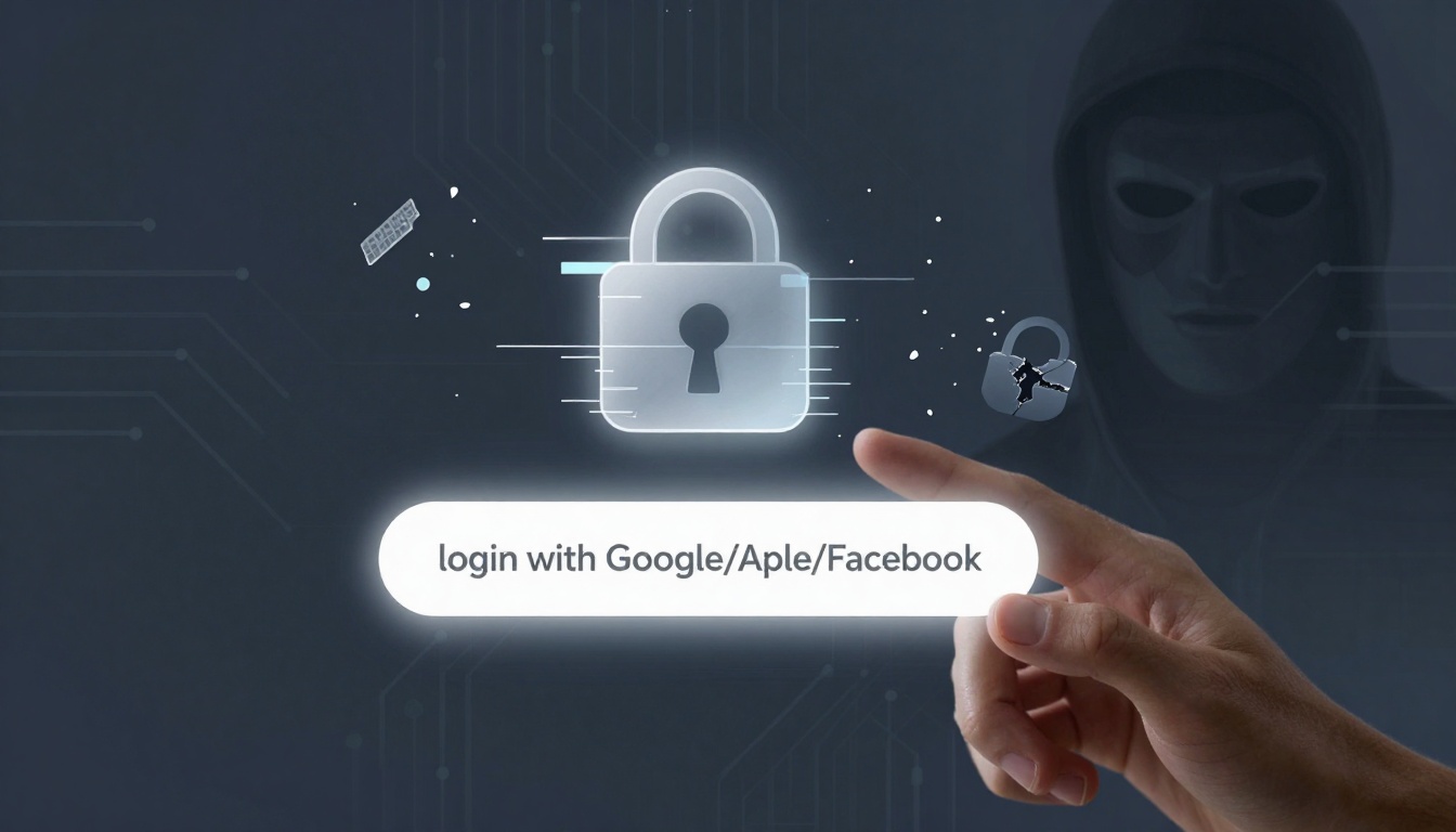 A hand points to a login option with text "login with Google/Apple/Facebook" on a dark background. A glowing lock icon is in the center, with a shadowy figure wearing a mask in the background. The image suggests cybersecurity concerns.