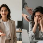 The image is split into two panels. The left shows a woman in a beige suit extending her hand in an office. The right shows the same woman, looking stressed with her hands covering her face, surrounded by multiple hands pointing towards her.