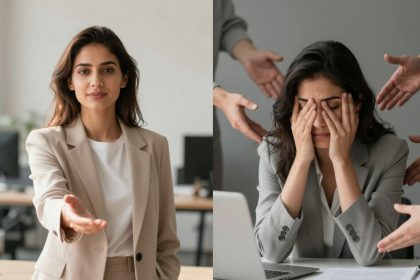 The image is split into two panels. The left shows a woman in a beige suit extending her hand in an office. The right shows the same woman, looking stressed with her hands covering her face, surrounded by multiple hands pointing towards her.