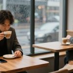 Two people sit at separate tables in a cafe, each drinking coffee. The man in the foreground wears a gray coat and has a smartphone on the table. The cafe has large windows showing a rainy street outside.