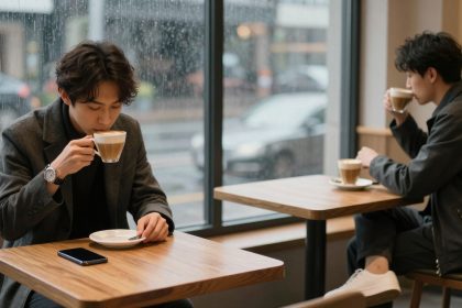Two people sit at separate tables in a cafe, each drinking coffee. The man in the foreground wears a gray coat and has a smartphone on the table. The cafe has large windows showing a rainy street outside.