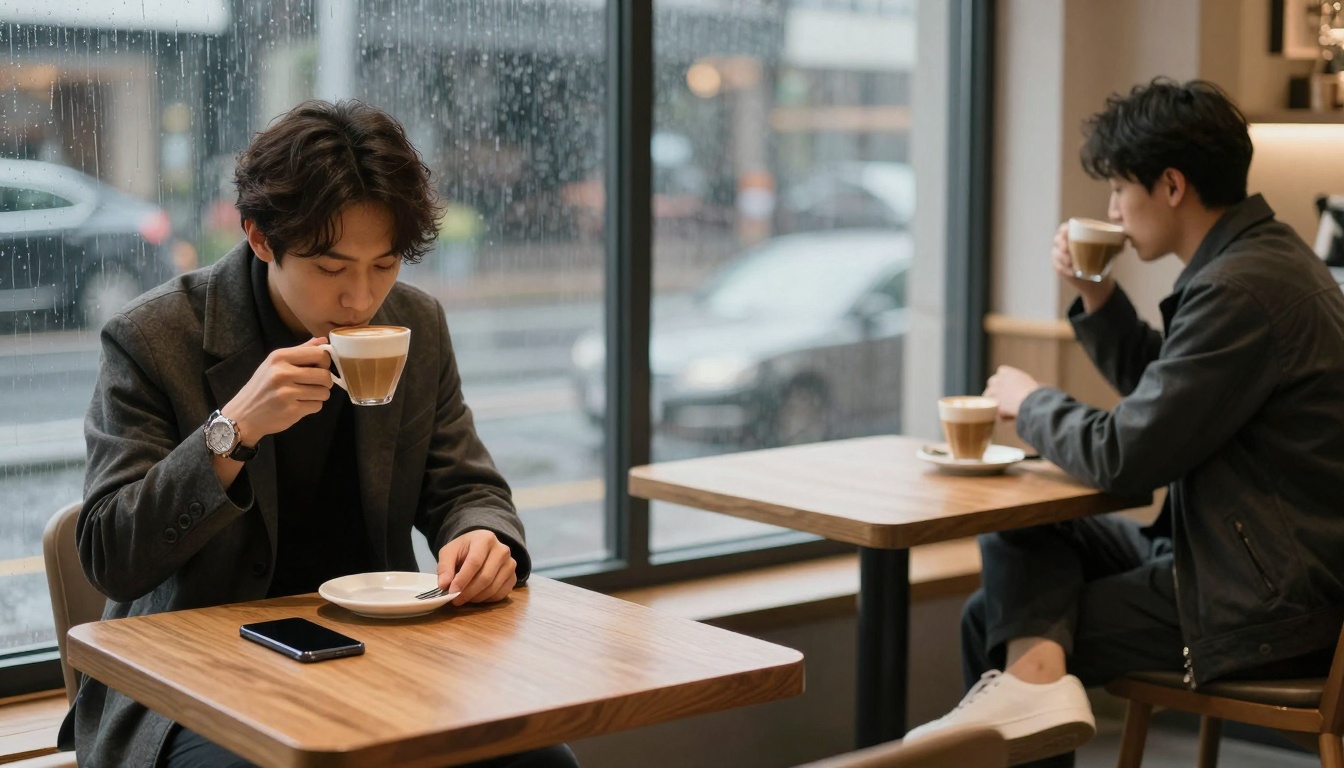 Two people sit at separate tables in a cafe, each drinking coffee. The man in the foreground wears a gray coat and has a smartphone on the table. The cafe has large windows showing a rainy street outside.