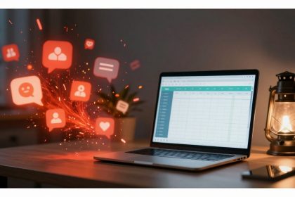 A laptop displaying a spreadsheet sits on a wooden desk. Red social media icons float above, with a lit lantern nearby.