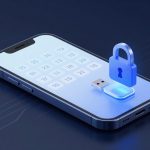 A smartphone with a calendar app displayed on the screen, featuring a blue padlock and USB drive, symbolizing data security.