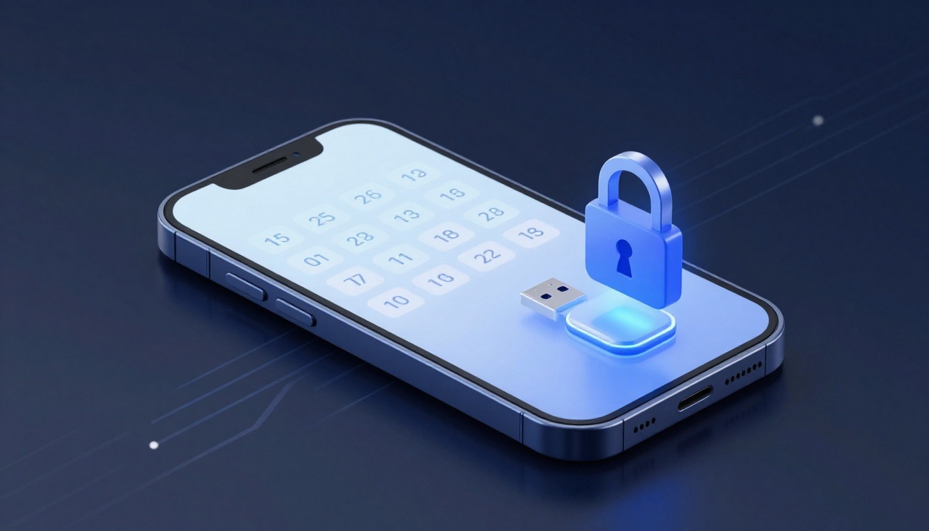 A smartphone with a calendar app displayed on the screen, featuring a blue padlock and USB drive, symbolizing data security.