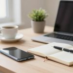 A wooden desk with a laptop, a smartphone, an open notebook with a pen, a coffee cup, and a small potted plant near a window.
