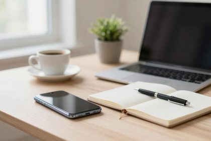 A wooden desk with a laptop, a smartphone, an open notebook with a pen, a coffee cup, and a small potted plant near a window.