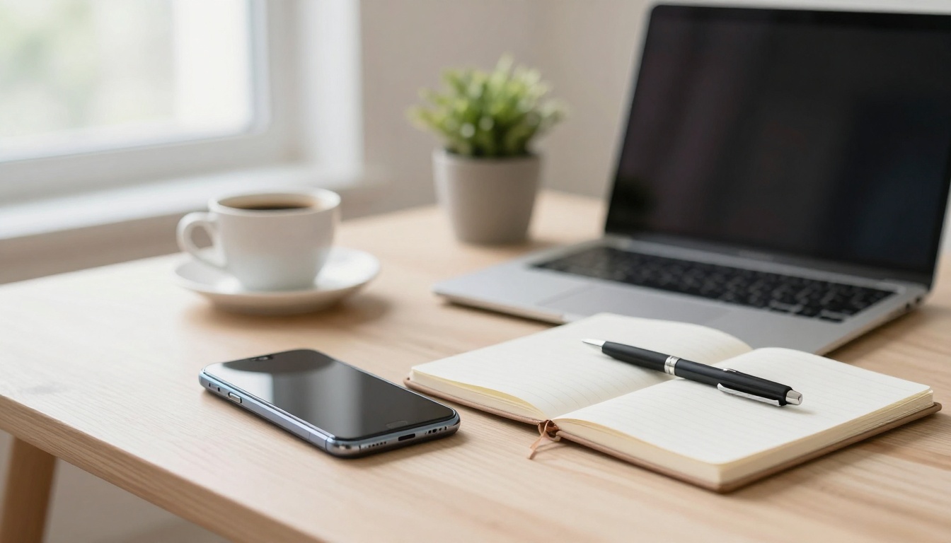 A wooden desk with a laptop, a smartphone, an open notebook with a pen, a coffee cup, and a small potted plant near a window.