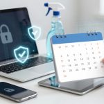 A person holds a calendar in front of a laptop displaying a padlock icon and shield symbols. A smartphone with a padlock icon and a spray bottle are nearby.