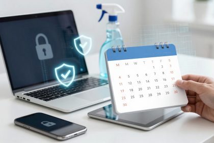 A person holds a calendar in front of a laptop displaying a padlock icon and shield symbols. A smartphone with a padlock icon and a spray bottle are nearby.