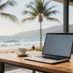 A laptop and two steaming cups of coffee sit on a wooden table overlooking a beach with palm trees and ocean waves under a clear sky.