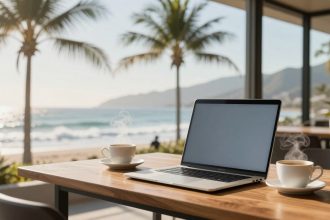 A laptop and two steaming cups of coffee sit on a wooden table overlooking a beach with palm trees and ocean waves under a clear sky.