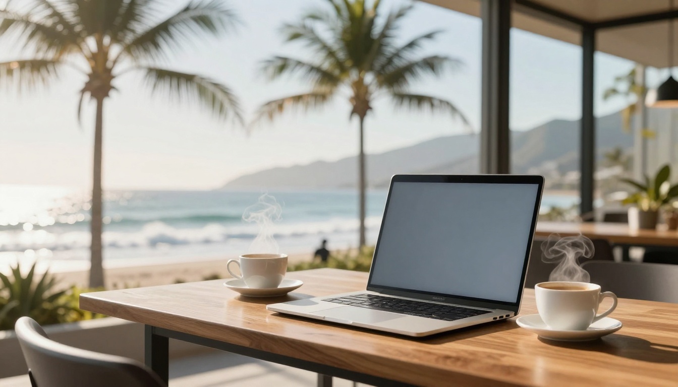 A laptop and two steaming cups of coffee sit on a wooden table overlooking a beach with palm trees and ocean waves under a clear sky.