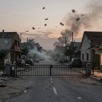 A deserted street with damaged houses and debris scattered around. Smoke rises in the distance, and papers float in the air. A lit storefront is visible on the right.