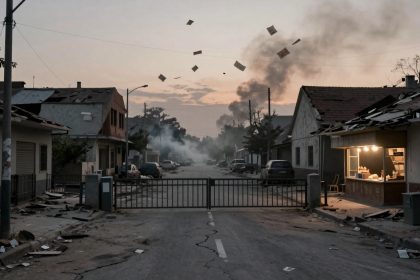 A deserted street with damaged houses and debris scattered around. Smoke rises in the distance, and papers float in the air. A lit storefront is visible on the right.