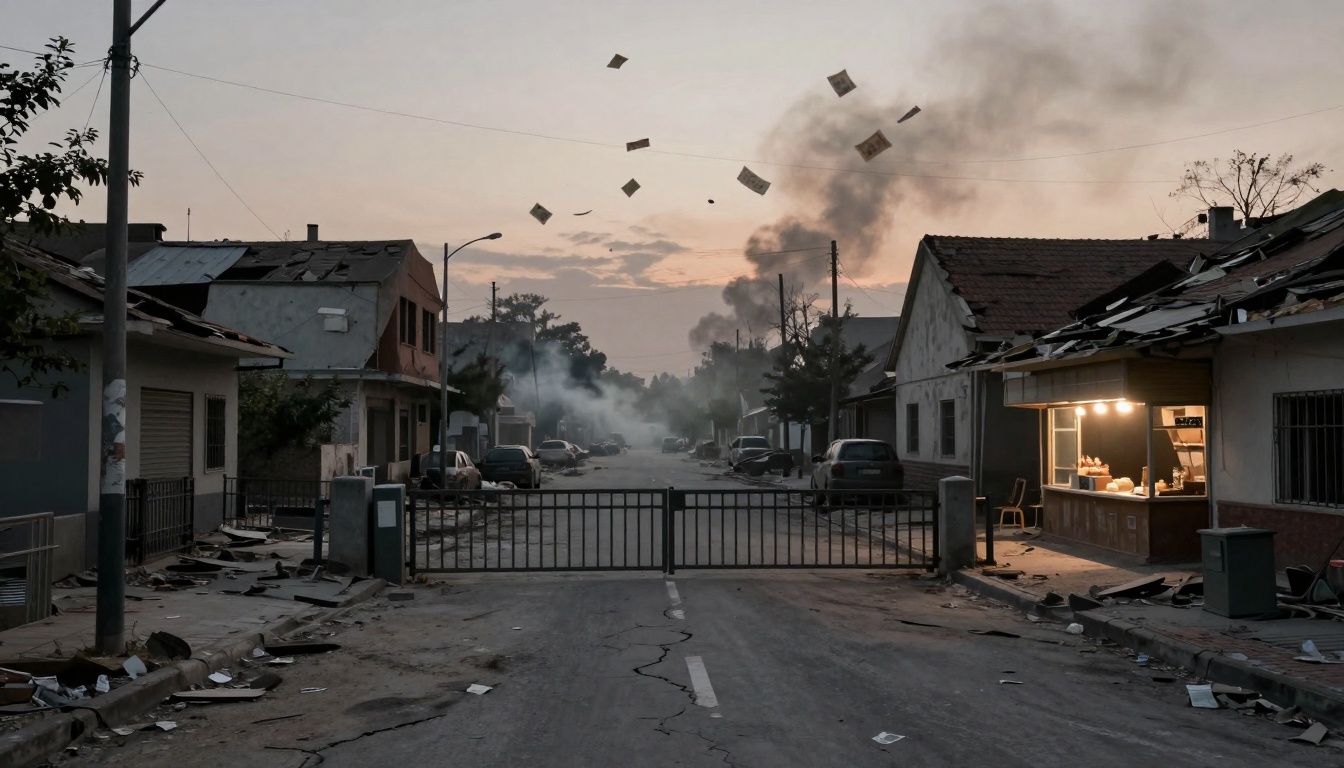 A deserted street with damaged houses and debris scattered around. Smoke rises in the distance, and papers float in the air. A lit storefront is visible on the right.