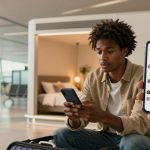 A person with curly hair sits in an airport with a smartphone, appearing upset with tears on their face. Another hand holds a phone displaying a chat. A suitcase and seating area are visible in the background.