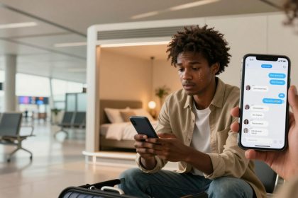 A person with curly hair sits in an airport with a smartphone, appearing upset with tears on their face. Another hand holds a phone displaying a chat. A suitcase and seating area are visible in the background.
