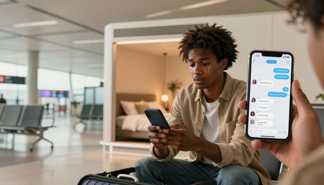 A person with curly hair sits in an airport with a smartphone, appearing upset with tears on their face. Another hand holds a phone displaying a chat. A suitcase and seating area are visible in the background.