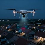 A drone hovers at night over a suburban neighborhood with lit houses. Its camera projects a digital targeting interface onto the scene below.