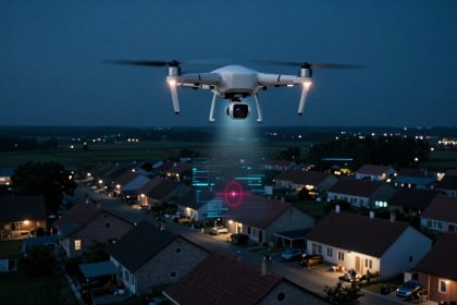 A drone hovers at night over a suburban neighborhood with lit houses. Its camera projects a digital targeting interface onto the scene below.
