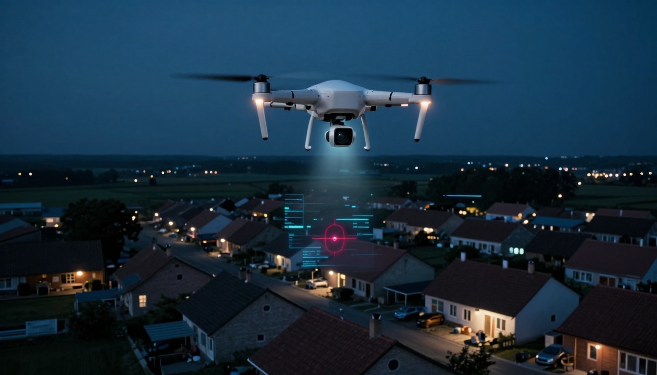 A drone hovers at night over a suburban neighborhood with lit houses. Its camera projects a digital targeting interface onto the scene below.