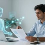 A man in a light blue shirt sits at a desk, holding papers and looking at a laptop. A holographic figure with digital data displays hovers nearby.