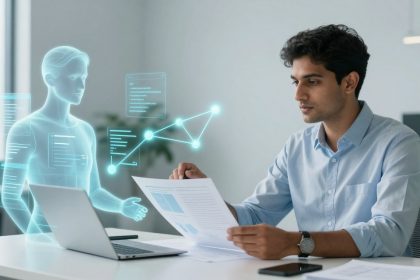A man in a light blue shirt sits at a desk, holding papers and looking at a laptop. A holographic figure with digital data displays hovers nearby.