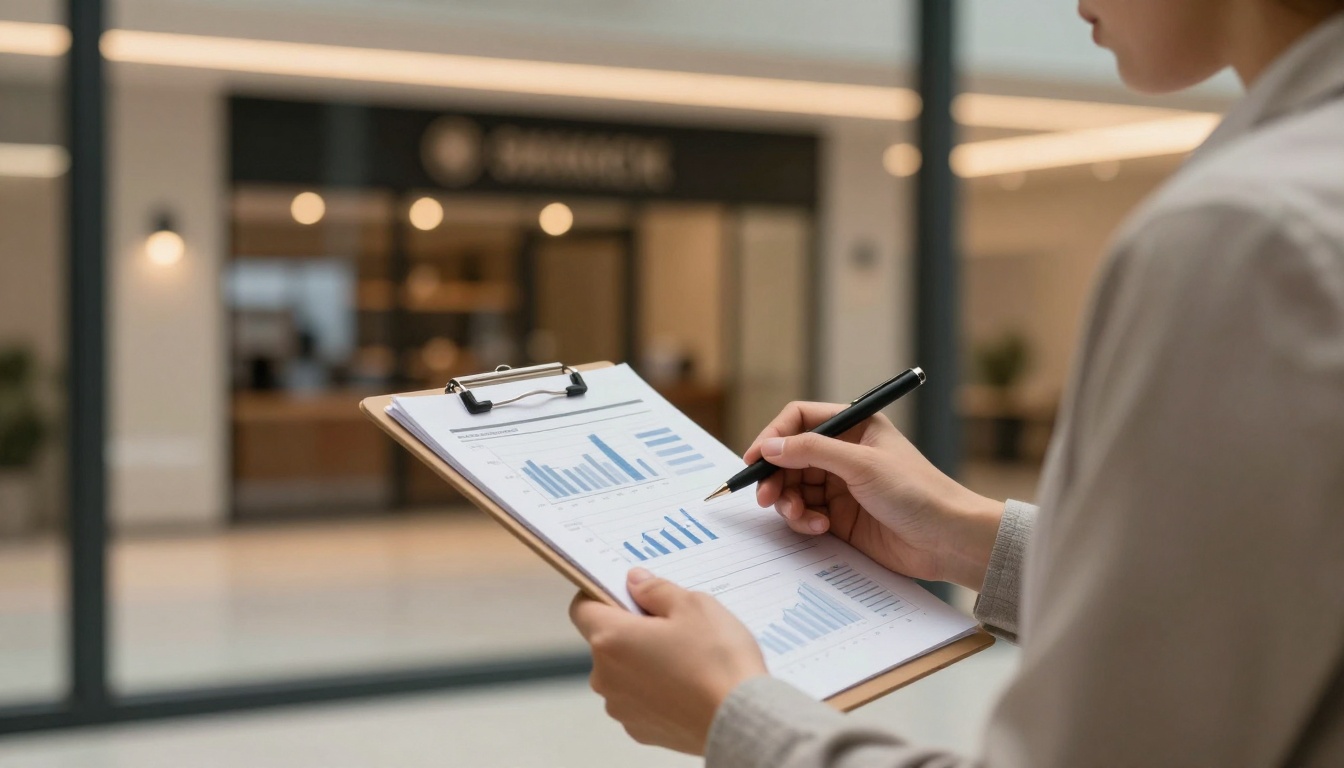 A person holds a clipboard with printed bar and line graphs, using a pen to point at data. Office lobby background with blurred reception.
