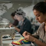 A woman with dark hair tied up is focused on sewing a colorful sneaker near a sewing machine. A world map is projected on the wall.