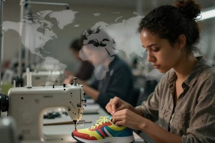 A woman with dark hair tied up is focused on sewing a colorful sneaker near a sewing machine. A world map is projected on the wall.