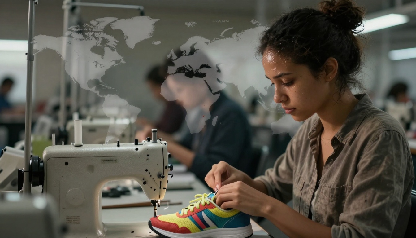 A woman with dark hair tied up is focused on sewing a colorful sneaker near a sewing machine. A world map is projected on the wall.