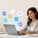 A woman in a gray blazer works on a laptop at a desk. Colorful icons float above her, including symbols for accessibility and communication.