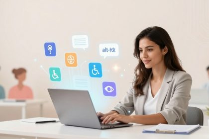 A woman in a gray blazer works on a laptop at a desk. Colorful icons float above her, including symbols for accessibility and communication.