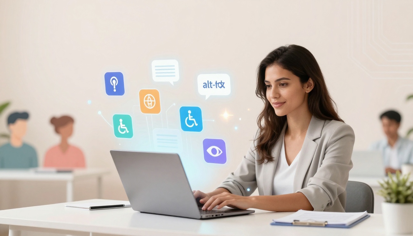 A woman in a gray blazer works on a laptop at a desk. Colorful icons float above her, including symbols for accessibility and communication.