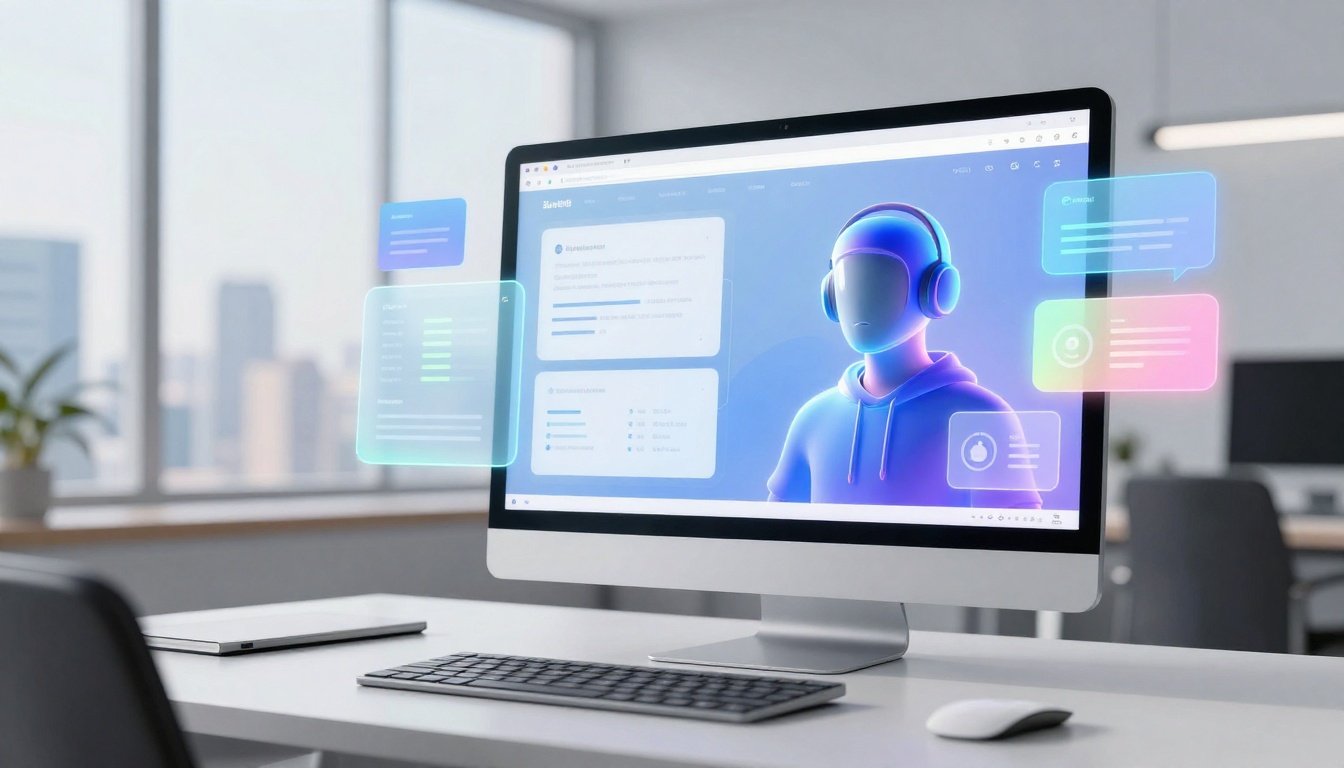 A computer monitor on a desk displays a digital avatar wearing headphones, surrounded by floating, colorful, translucent interface elements. The office background is blurred.
