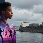 A composite image featuring a person in profile with a vibrant urban scene and dancing silhouettes on the left, including Big Ben and neon music notes. On the right, a large cargo ship is visible on a cloudy day, with a faint globe overlay in the sky.