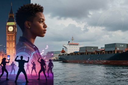 A composite image featuring a person in profile with a vibrant urban scene and dancing silhouettes on the left, including Big Ben and neon music notes. On the right, a large cargo ship is visible on a cloudy day, with a faint globe overlay in the sky.