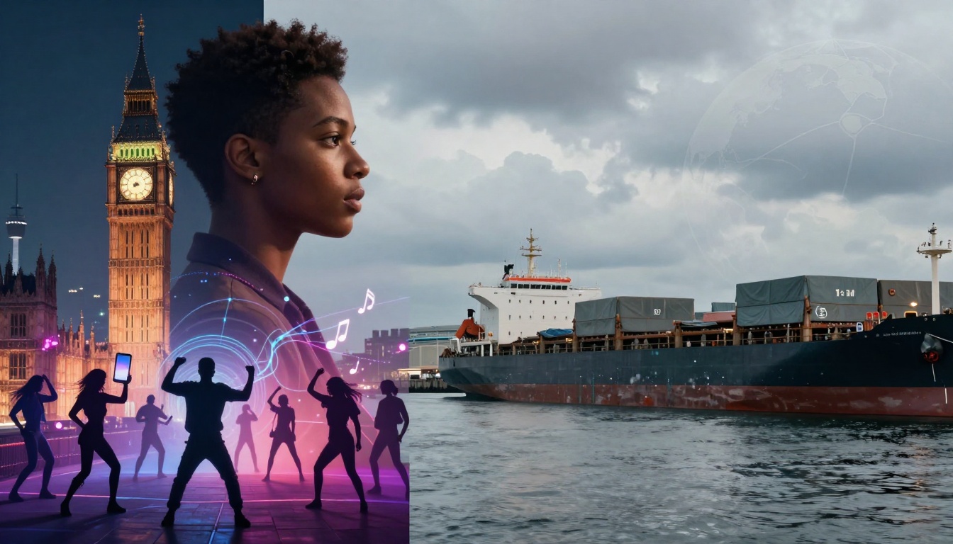 A composite image featuring a person in profile with a vibrant urban scene and dancing silhouettes on the left, including Big Ben and neon music notes. On the right, a large cargo ship is visible on a cloudy day, with a faint globe overlay in the sky.