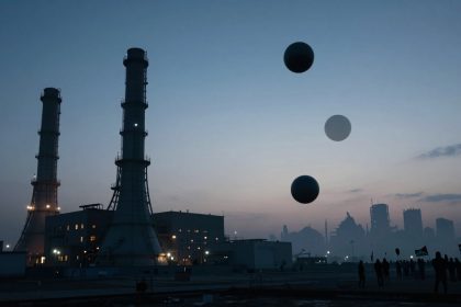 Industrial landscape at dusk with two tall chimneys and a building emitting light. Three floating spheres are in the sky, and silhouettes of people holding flags are visible in the foreground.
