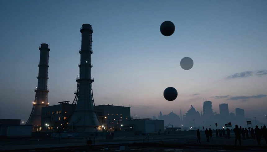Industrial landscape at dusk with two tall chimneys and a building emitting light. Three floating spheres are in the sky, and silhouettes of people holding flags are visible in the foreground.