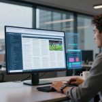 A person in a blue shirt is working at a desk with a large computer monitor displaying text and a sports image. The office has large windows showing a cityscape. A coffee cup and a notebook are on the desk.