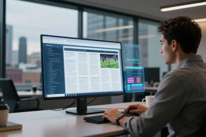A person in a blue shirt is working at a desk with a large computer monitor displaying text and a sports image. The office has large windows showing a cityscape. A coffee cup and a notebook are on the desk.