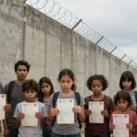 A group of people standing in front of a tall concrete wall topped with barbed wire. They hold documents and appear serious. The sky is overcast, and a ship is visible in the background.