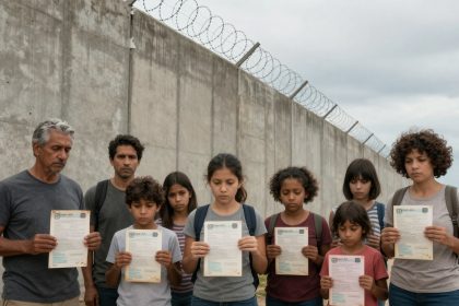 A group of people standing in front of a tall concrete wall topped with barbed wire. They hold documents and appear serious. The sky is overcast, and a ship is visible in the background.