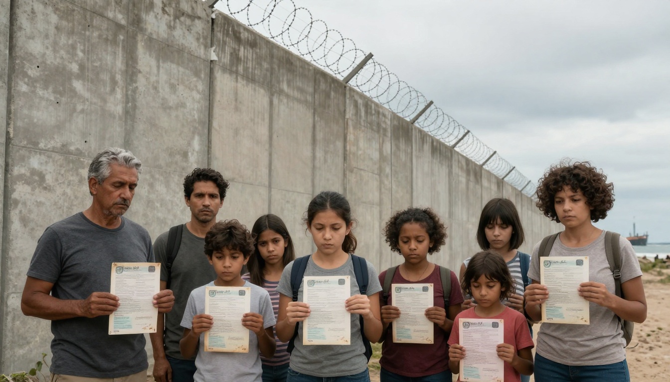 A group of people standing in front of a tall concrete wall topped with barbed wire. They hold documents and appear serious. The sky is overcast, and a ship is visible in the background.