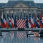 A man in a suit sits at a conference table in an elegant room. Behind him are multiple international flags and a large building facade.