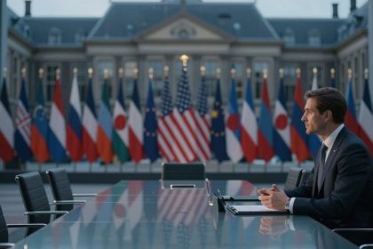 A man in a suit sits at a conference table in an elegant room. Behind him are multiple international flags and a large building facade.