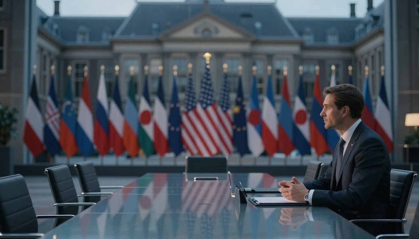 A man in a suit sits at a conference table in an elegant room. Behind him are multiple international flags and a large building facade.